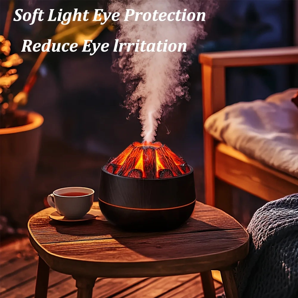 Simulated Charcoal Fire Humidifier Silent Ultrasonic Dual Mist Mode Built in Essential Oil Aromatherapy and Soft Night Light