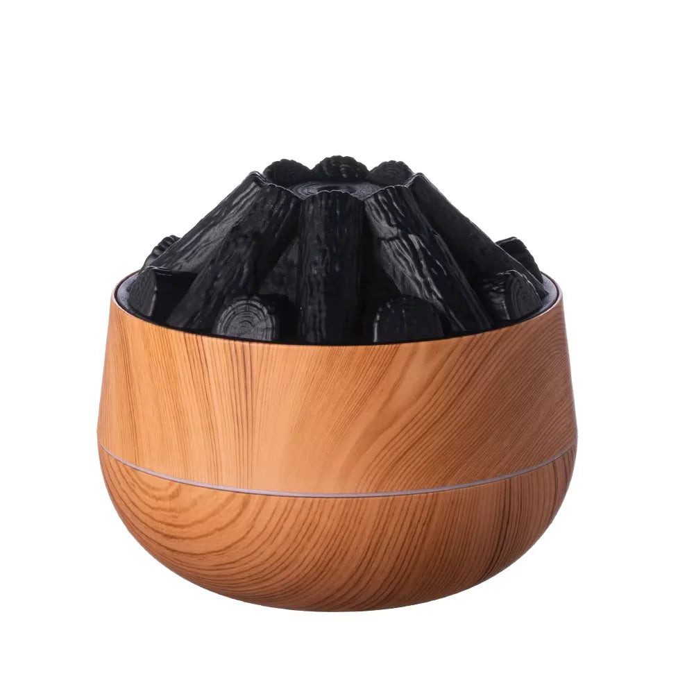Simulated Charcoal Fire Humidifier Silent Ultrasonic Dual Mist Mode Built in Essential Oil Aromatherapy and Soft Night Light