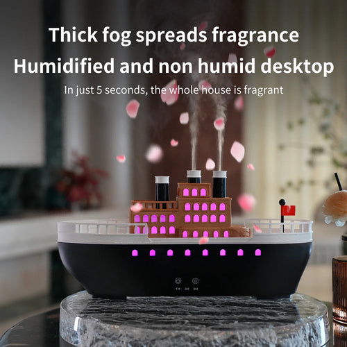 2026 New Ship Aroma Humidifier, Vintage Boat Design, Colorful Flame Essential Oil Diffuser, Quiet, Fine Mist, 3 Timers