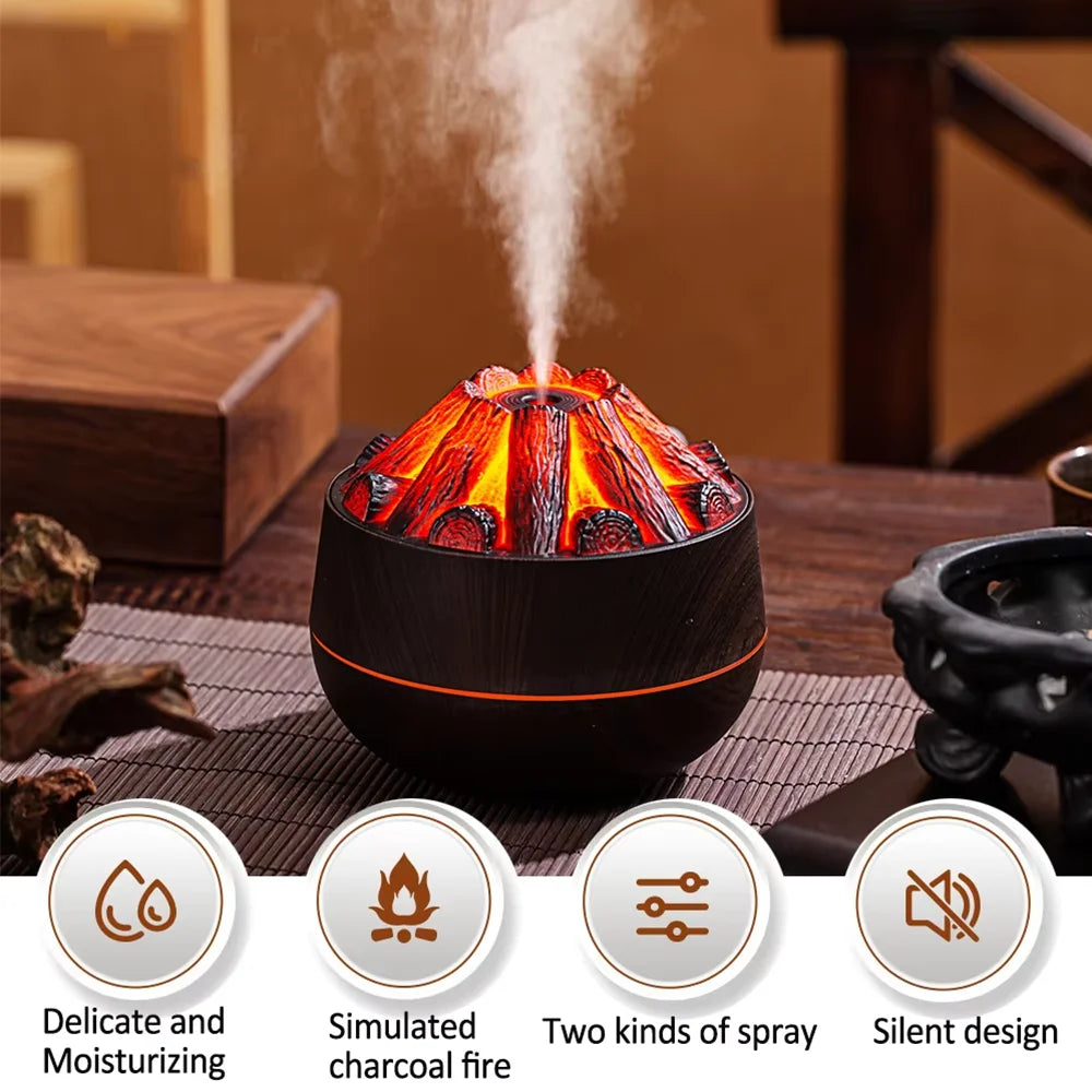 Simulated Charcoal Fire Humidifier Silent Ultrasonic Dual Mist Mode Built in Essential Oil Aromatherapy and Soft Night Light
