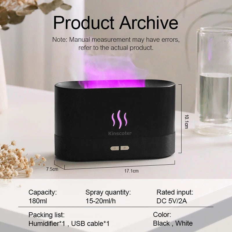 USB Desktop Flame Aroma Diffuser Humidifier 7 Colors Simulation Light Aromatherapy Air Purifier for Bedroom/Essential Oil Set
