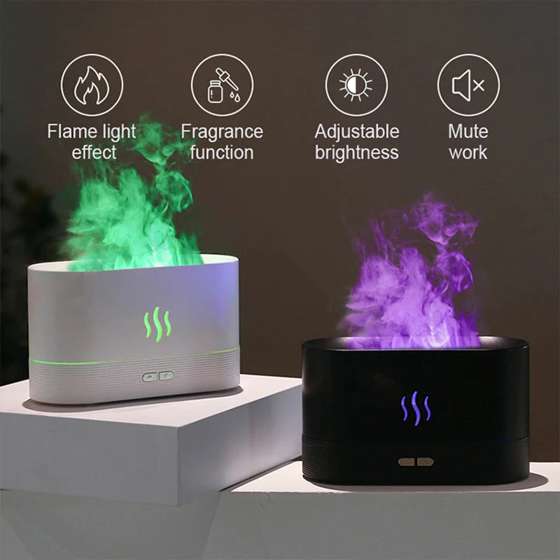 USB Desktop Flame Aroma Diffuser Humidifier 7 Colors Simulation Light Aromatherapy Air Purifier for Bedroom/Essential Oil Set