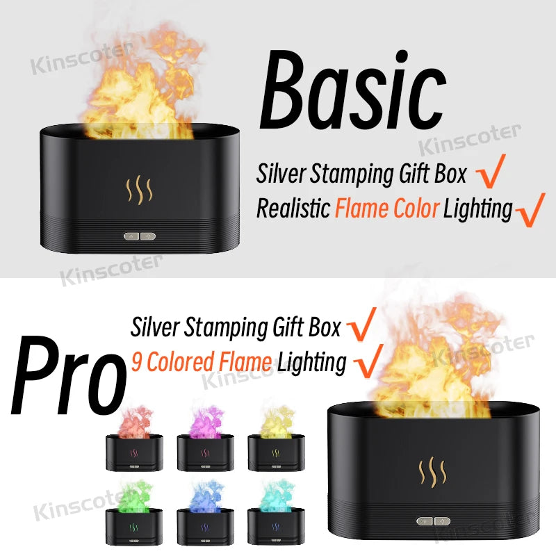 USB Desktop Flame Aroma Diffuser Humidifier 7 Colors Simulation Light Aromatherapy Air Purifier for Bedroom/Essential Oil Set