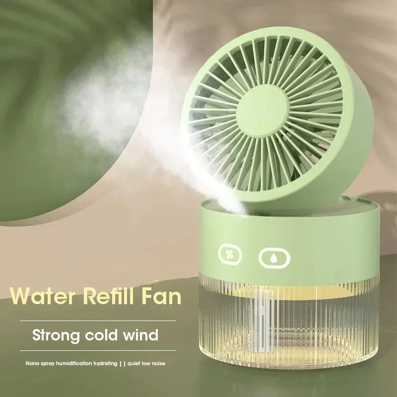 2025 Portable USB Mist Cooling Fan Mini Desktop Humidifier with LED Light for Office Home Use
