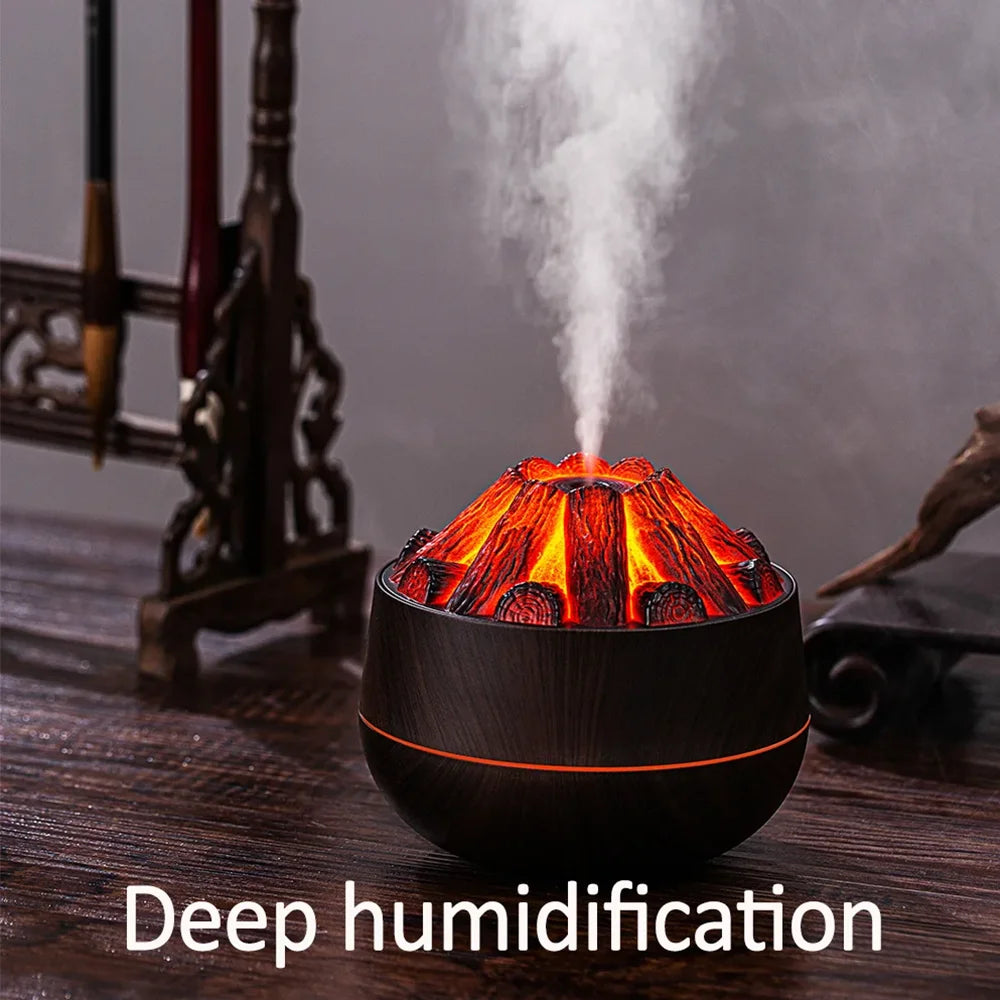 Simulated Charcoal Fire Humidifier Silent Ultrasonic Dual Mist Mode Built in Essential Oil Aromatherapy and Soft Night Light