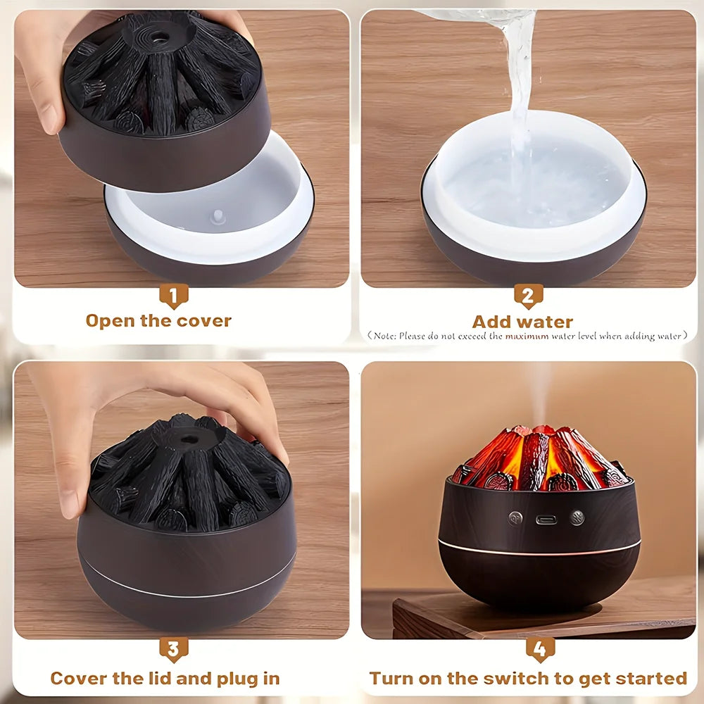 Simulated Charcoal Fire Humidifier Silent Ultrasonic Dual Mist Mode Built in Essential Oil Aromatherapy and Soft Night Light