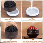 Simulated Charcoal Fire Humidifier Silent Ultrasonic Dual Mist Mode Built in Essential Oil Aromatherapy and Soft Night Light