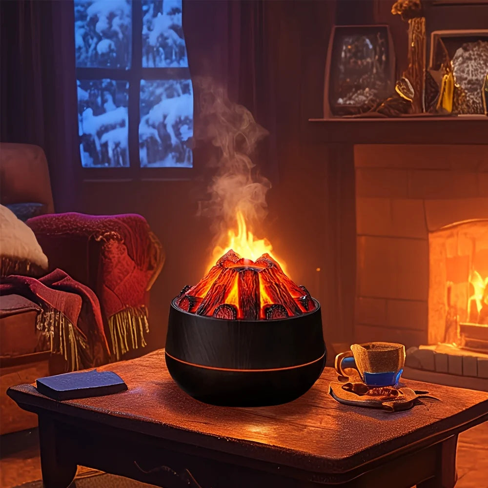 Simulated Charcoal Fire Humidifier Silent Ultrasonic Dual Mist Mode Built in Essential Oil Aromatherapy and Soft Night Light