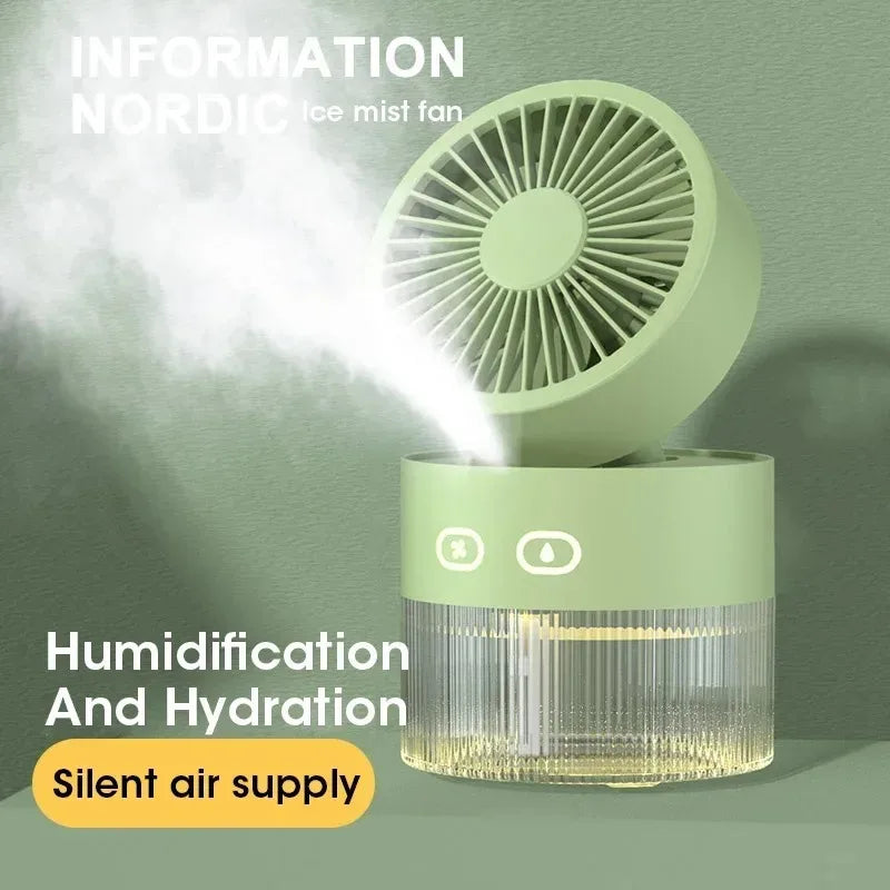 2025 Portable USB Mist Cooling Fan Mini Desktop Humidifier with LED Light for Office Home Use