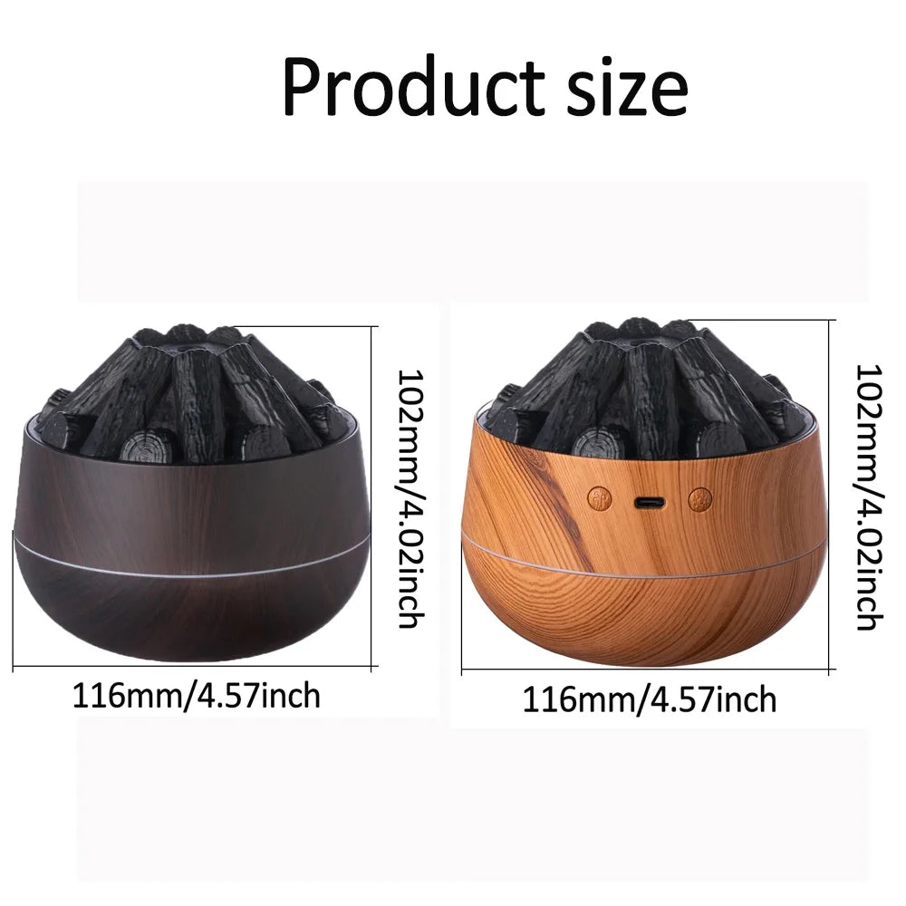 Simulated Charcoal Fire Humidifier Silent Ultrasonic Dual Mist Mode Built in Essential Oil Aromatherapy and Soft Night Light